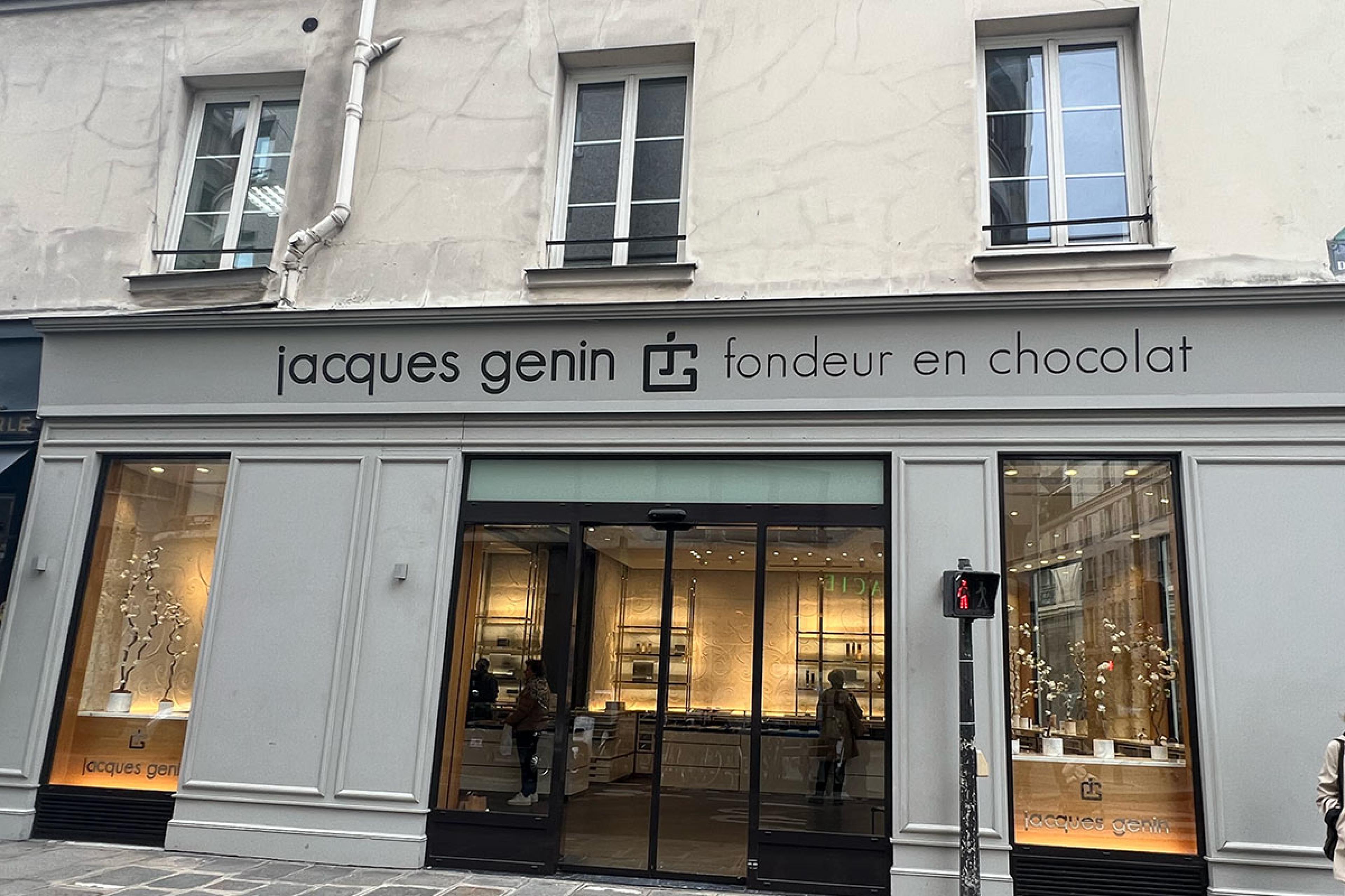 Jacques Genin chocolate shop interior in Paris, featuring minimalist decor and handcrafted gourmet chocolates.